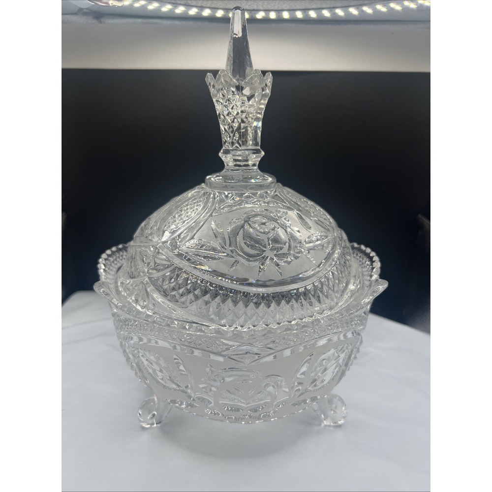 Vintage Frosted Rose Lead Crystal Footed Candy Dish Lidded Bonbonniere 3 Legged